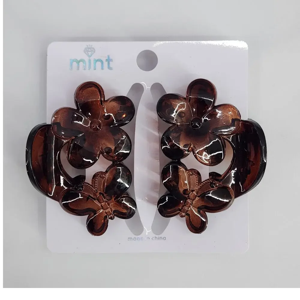 2 Flower & Butterfly Brown Hair Claw Clips - Double Sided Hair Accessories!